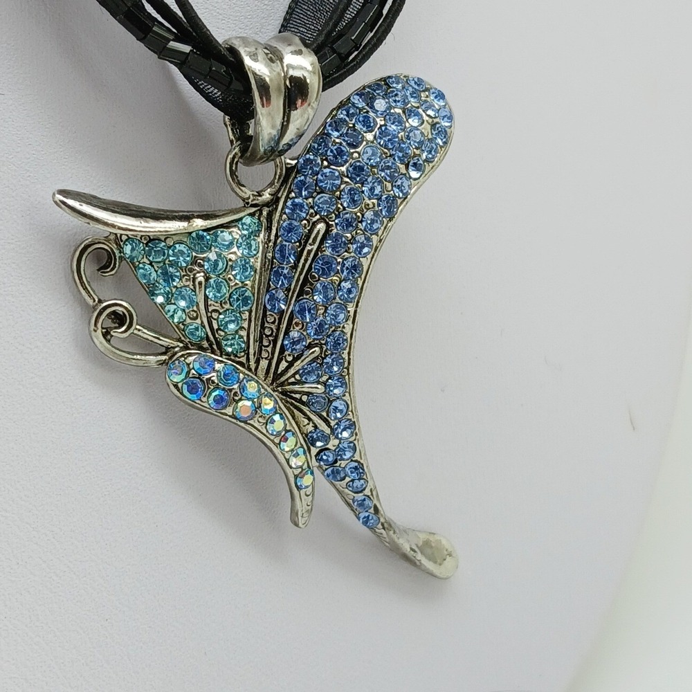 Blue Rhinestone Butterfly Pendant Multi Strand Black Ribbon Necklace Chocker NOS - Picture 6 of 17